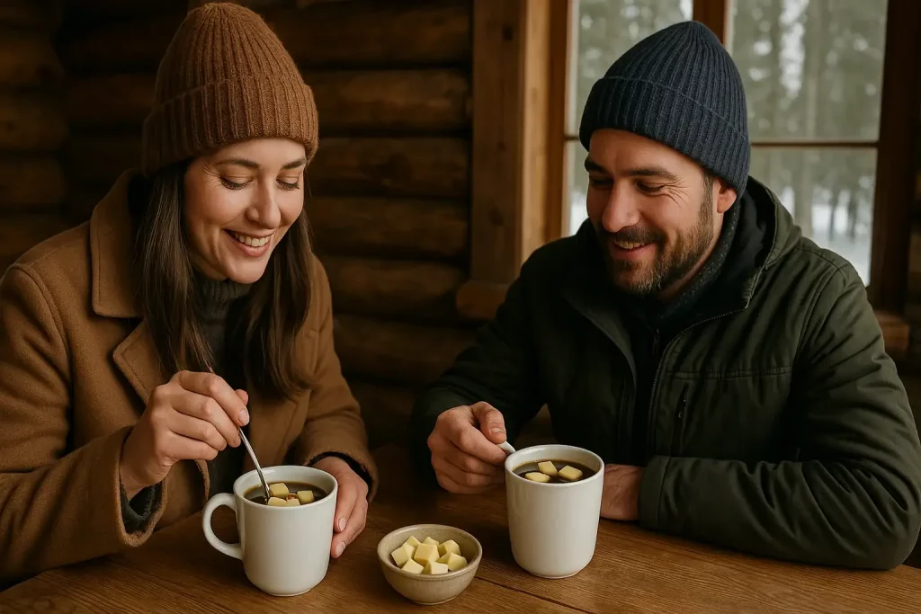 A couple enjoys a warm cup of Finnish coffee with floating leipäjuusto cheese, highlighting the cozy and traditional experience of the Finnish winter.
