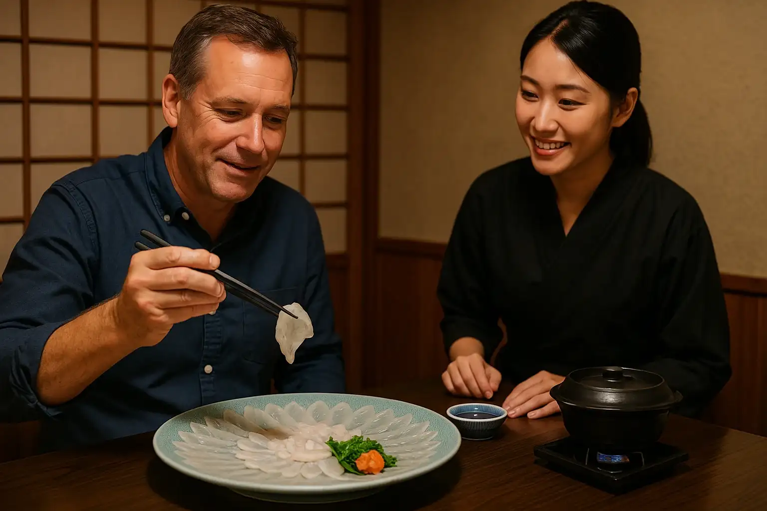 A man carefully selects a slice of fugu sashimi in a traditional Japanese restaurant, emphasizing the delicate and adventurous nature of dining on this rare dish.