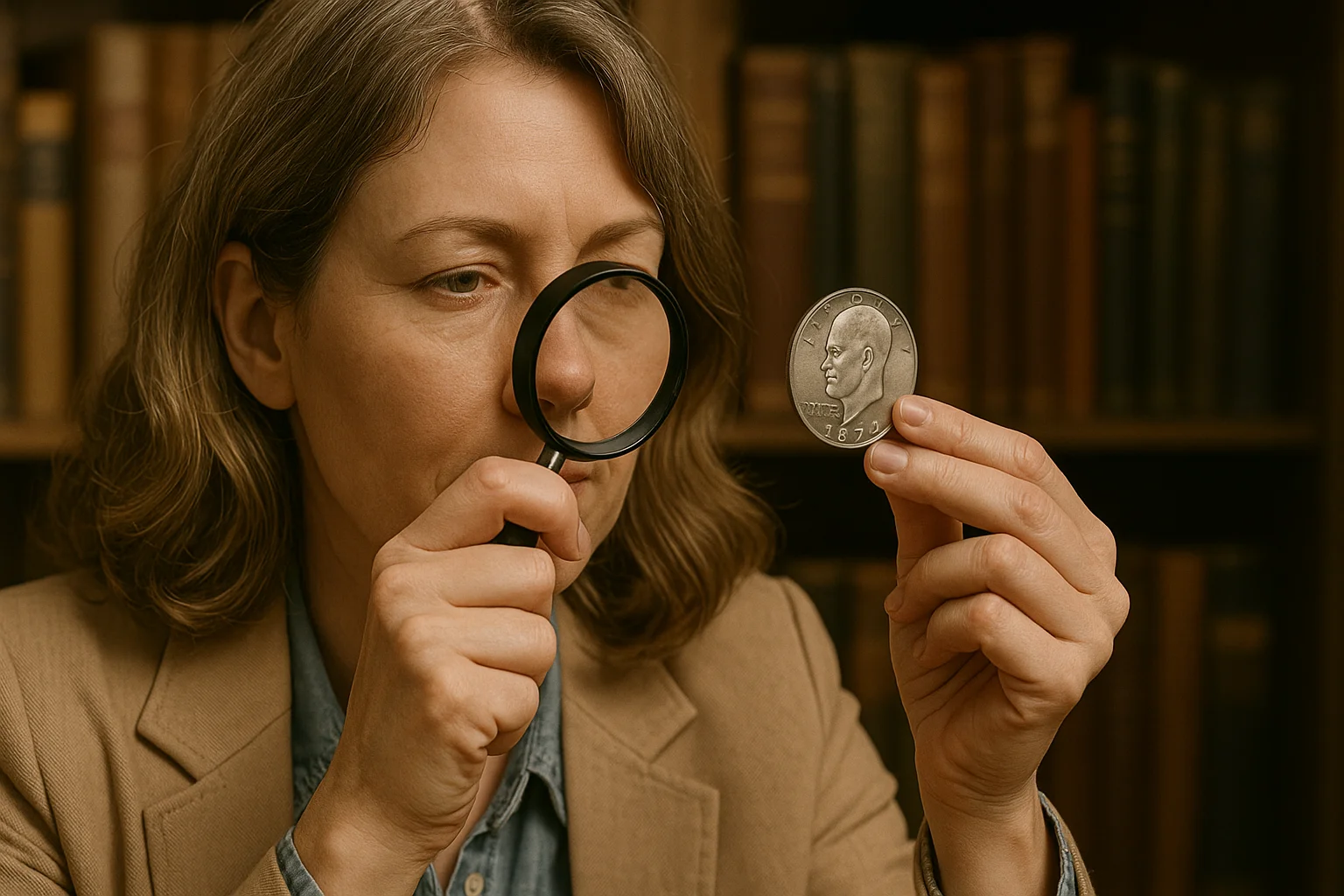 A woman in a beige blazer uses a magnifying glass to inspect a 1974 Eisenhower dollar coin, set against a background of antique bookshelves.