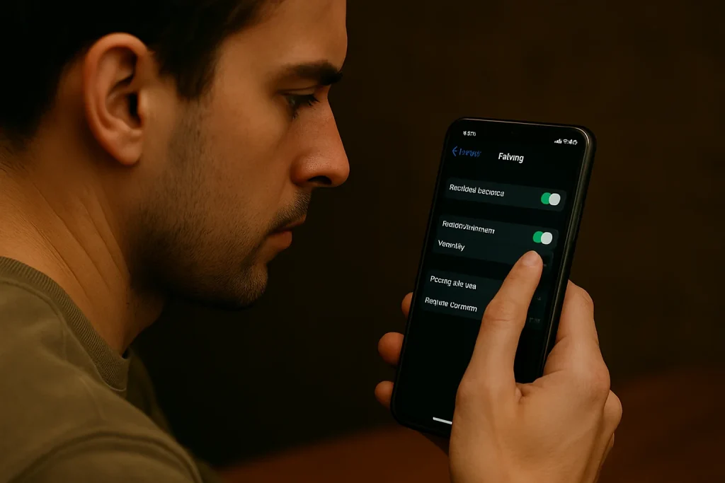 A man thoroughly looks at the settings of the phone to disable location services.