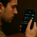 A man thoroughly looks at the settings of the phone to disable location services.
