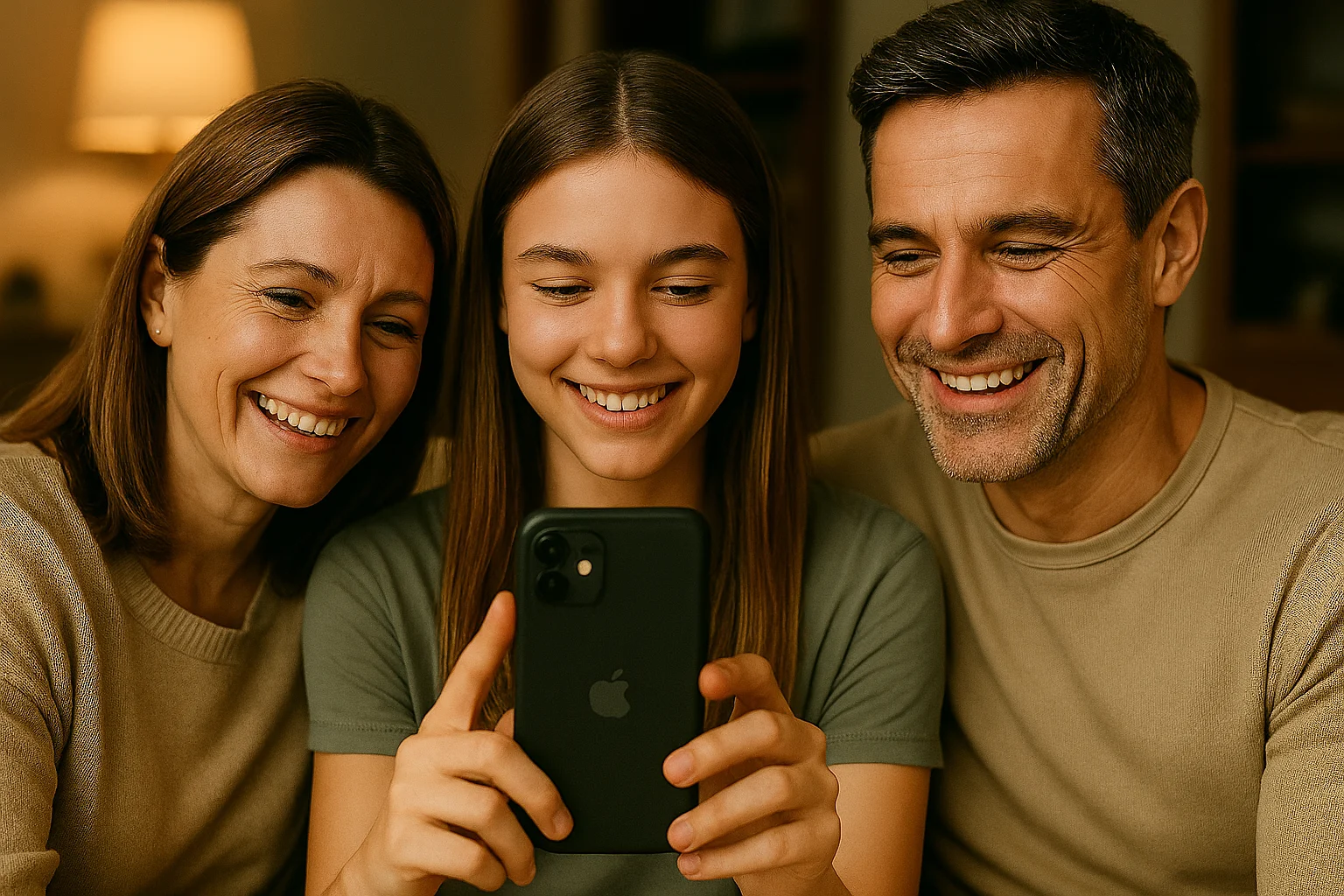 A family smiles together while looking at a smartphone, showing how location tracking apps like Number Tracker can foster transparency and trust.