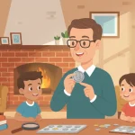 man and kids look at the coin