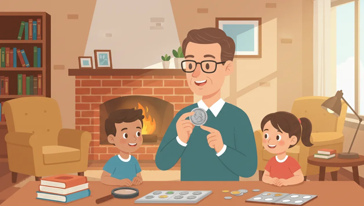 man and kids look at the coin