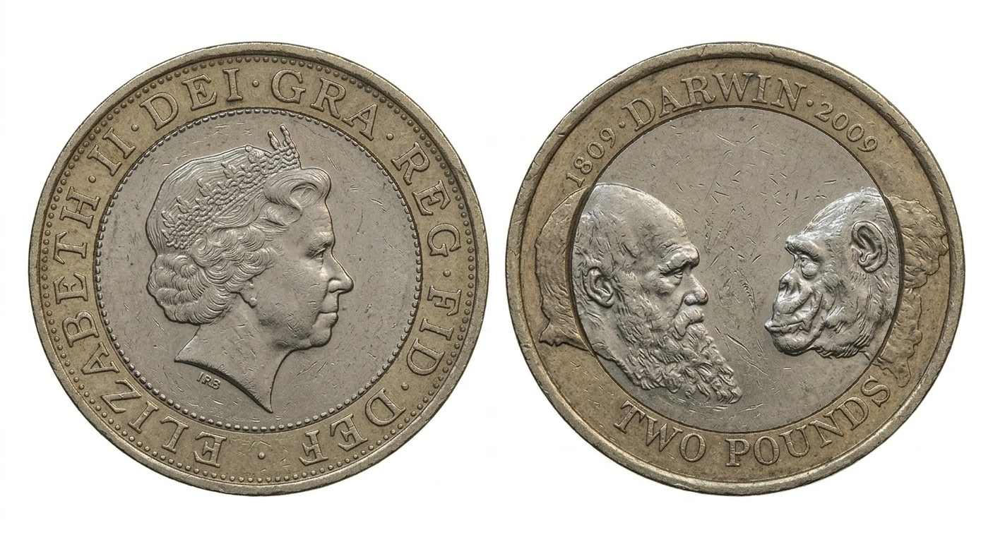 a circulated Darwin £2 coin highlighting minor wear